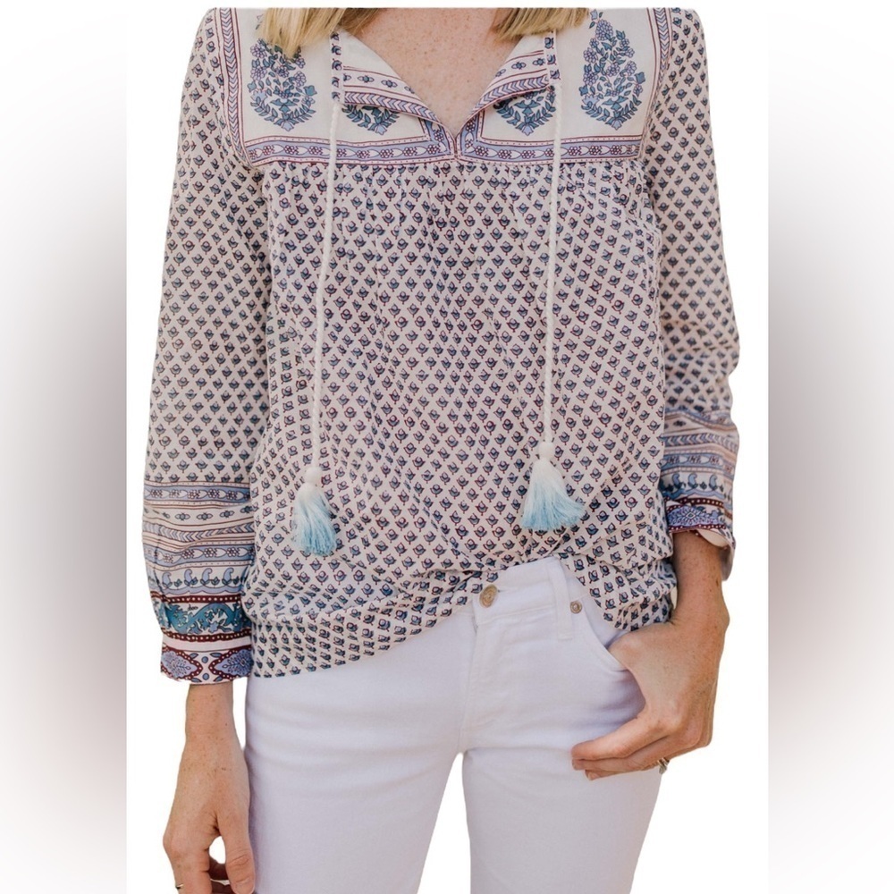 J Crew Floral Paisley Cotton Peasant Top In Bright Periwinkle size 6 - Picture 2 of 16